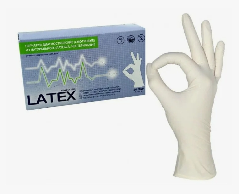 Перчатки латексные MediOk Latex PowderFree 10.8г неоп нестер текс 1хлор цв.бежевый р.М (уп.50/500п)