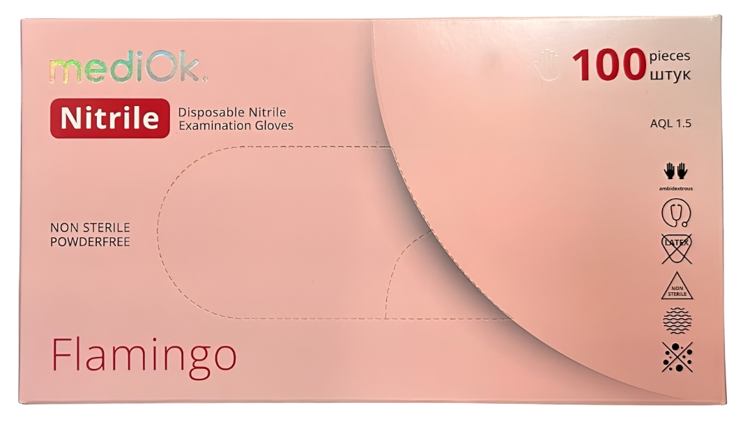 Перчатки нитриловые MediOk FLAMINGO 8г неоп.текстур цв.розовый р.L /AMPri/ (уп.50/500пар)*