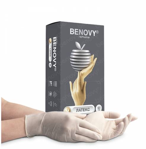 Перчатки латексные BENOVY B108K3 10г опудр. нестерил. гладкие цв.желтый р.M /5-P-FT (50п/10уп) ЧЗ *