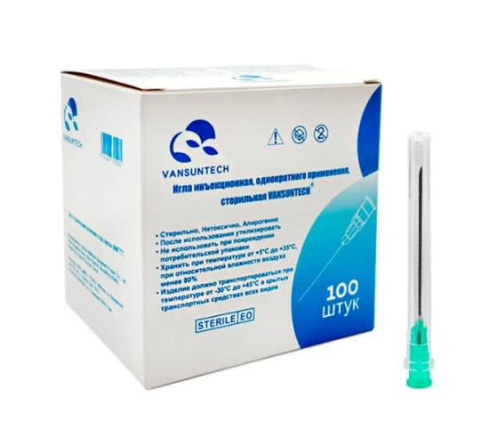 Игла стерильная Luer 0,8х38мм 21G VANSUNTECH /Vansun Medical/ ЗЕЛЕНЫЙ (100шт/100уп)
